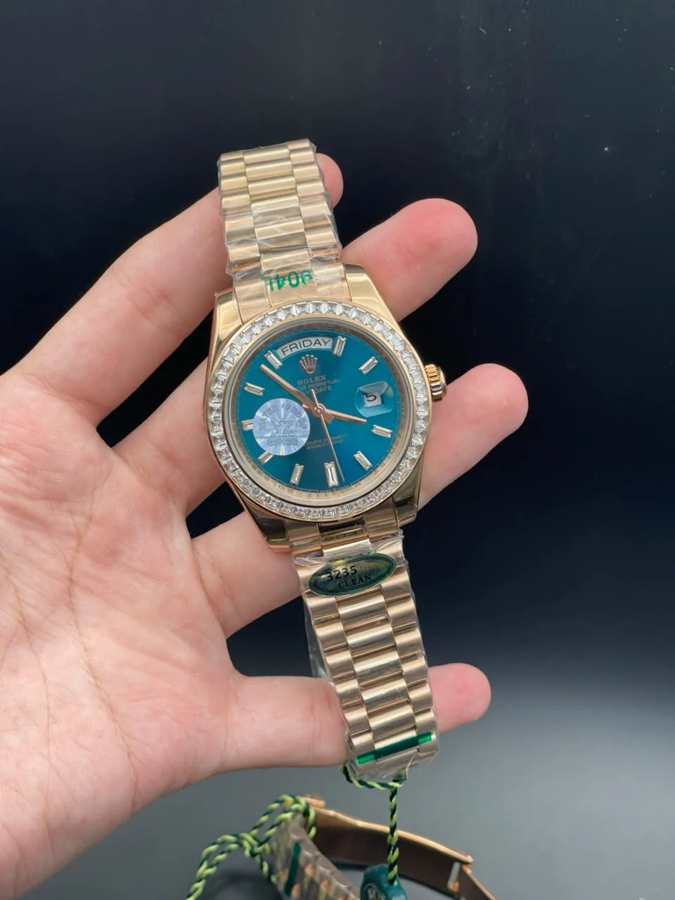 RLX Rose Gold Presidential Chain With Blue Day-Date Dial And Diamond Bezel Automatic Watch