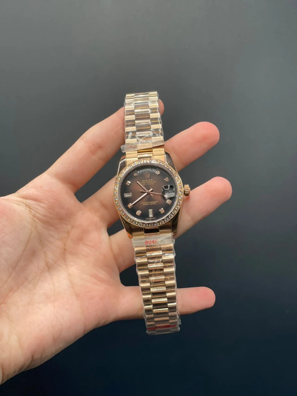 RLX Rose Gold Presidential Chain With Chocolate Day-Date Dial With Diamond Bezel Automatic Watch