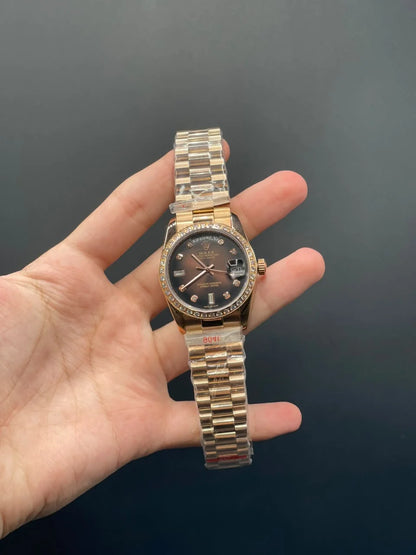 RLX Rose Gold Presidential Chain With Chocolate Day-Date Dial With Diamond Bezel Automatic Watch
