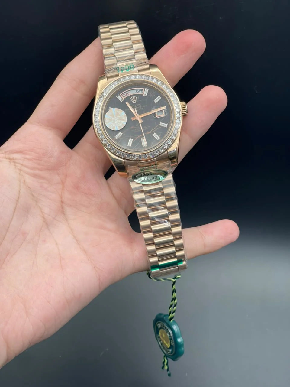 RLX Rose Gold Presidential Chain With Textured Day-Date Dial And Diamond Bezel Automatic Watch