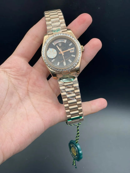 RLX Rose Gold Presidential Chain With Textured Day-Date Dial And Diamond Bezel Automatic Watch