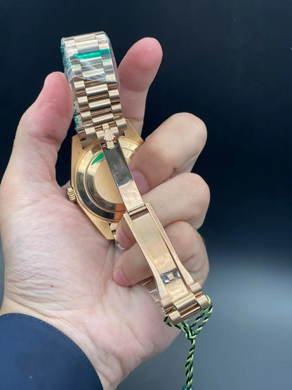 RLX Rose Gold Presidential Chain With Textured Day-Date Dial And Diamond Bezel Automatic Watch