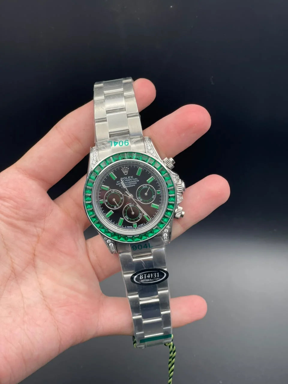 RLX Silver Chain With Black Diamond Dial And Green Diamond Bezel Automatic Watch