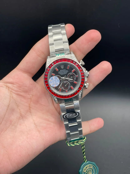 RLX Silver Chain With Black Diamond Dial And Red Diamond Bezel Automatic Watch