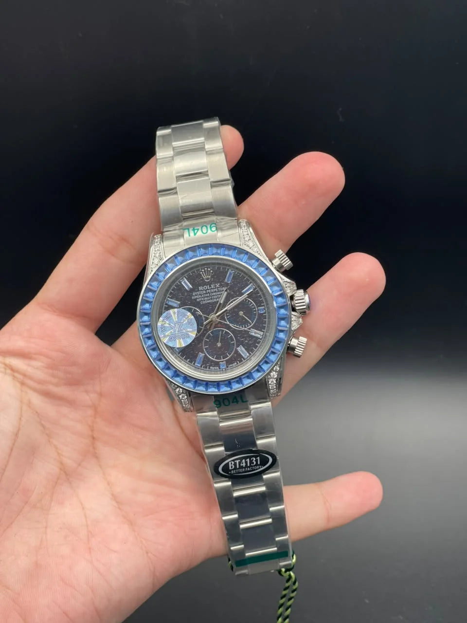 RLX Silver Chain With Black Textured Chronograph Dial And Blue Diamond Bezel Automatic Watch