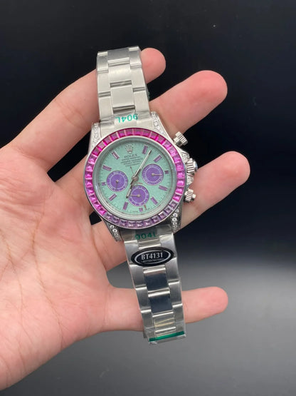 RLX Silver Chain With Blue Chronograph Dial And Pink Diamond Bezel Automatic Watch