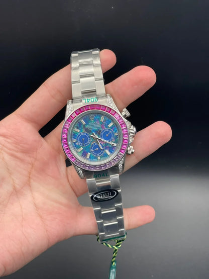RLX Silver Chain With Blue Diamond Dial And Pink Diamond Bezel Automatic Watch