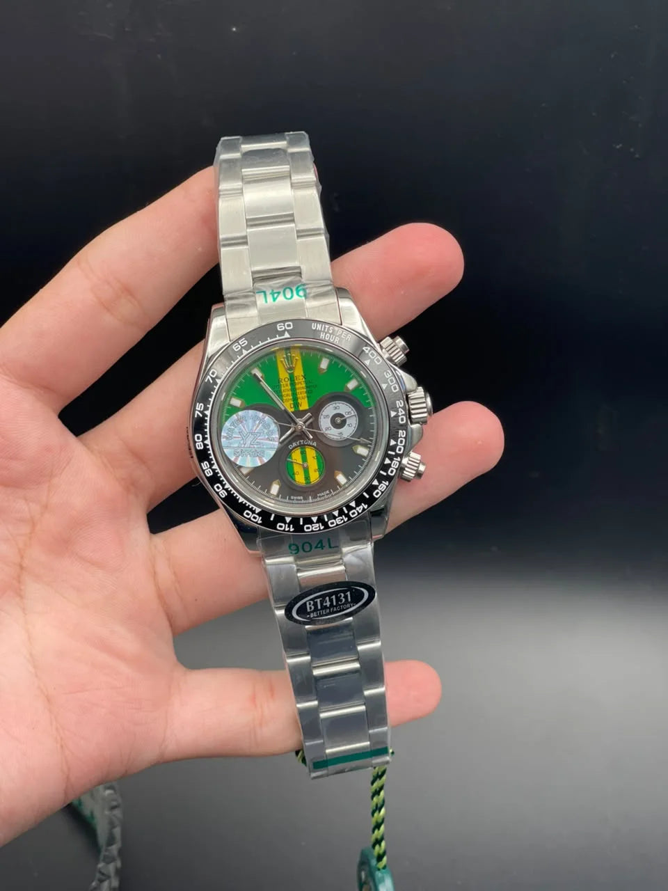 RLX Silver Chain With Green And Yellow Chronograph Dial Automatic Watch