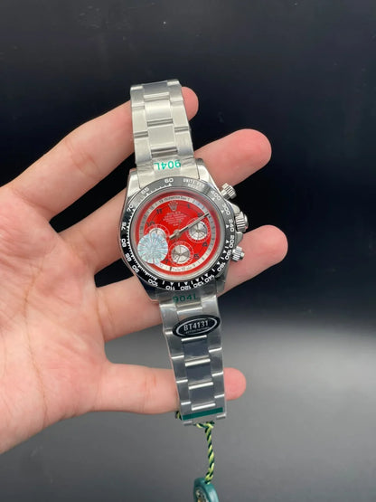 RLX Silver Chain With Red And White Chronograph Dial Automatic Watch