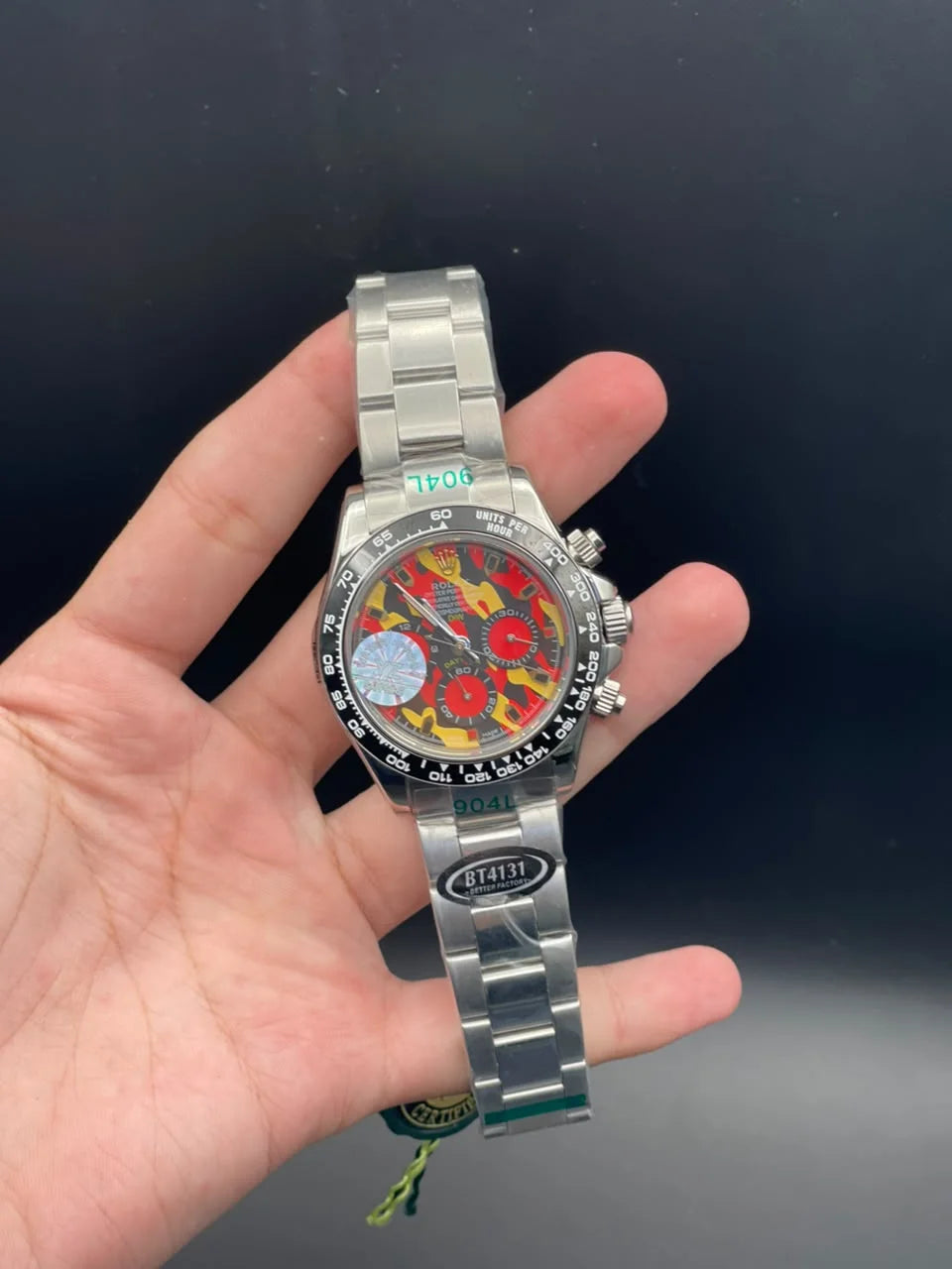 RLX Silver Chain With Red And Yellow Chronograph Dial Automatic Watch