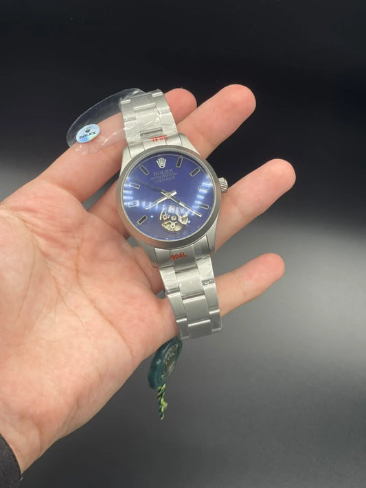 RLX Silver Matte Chain With Blue Open Heart Dial Automatic Watch