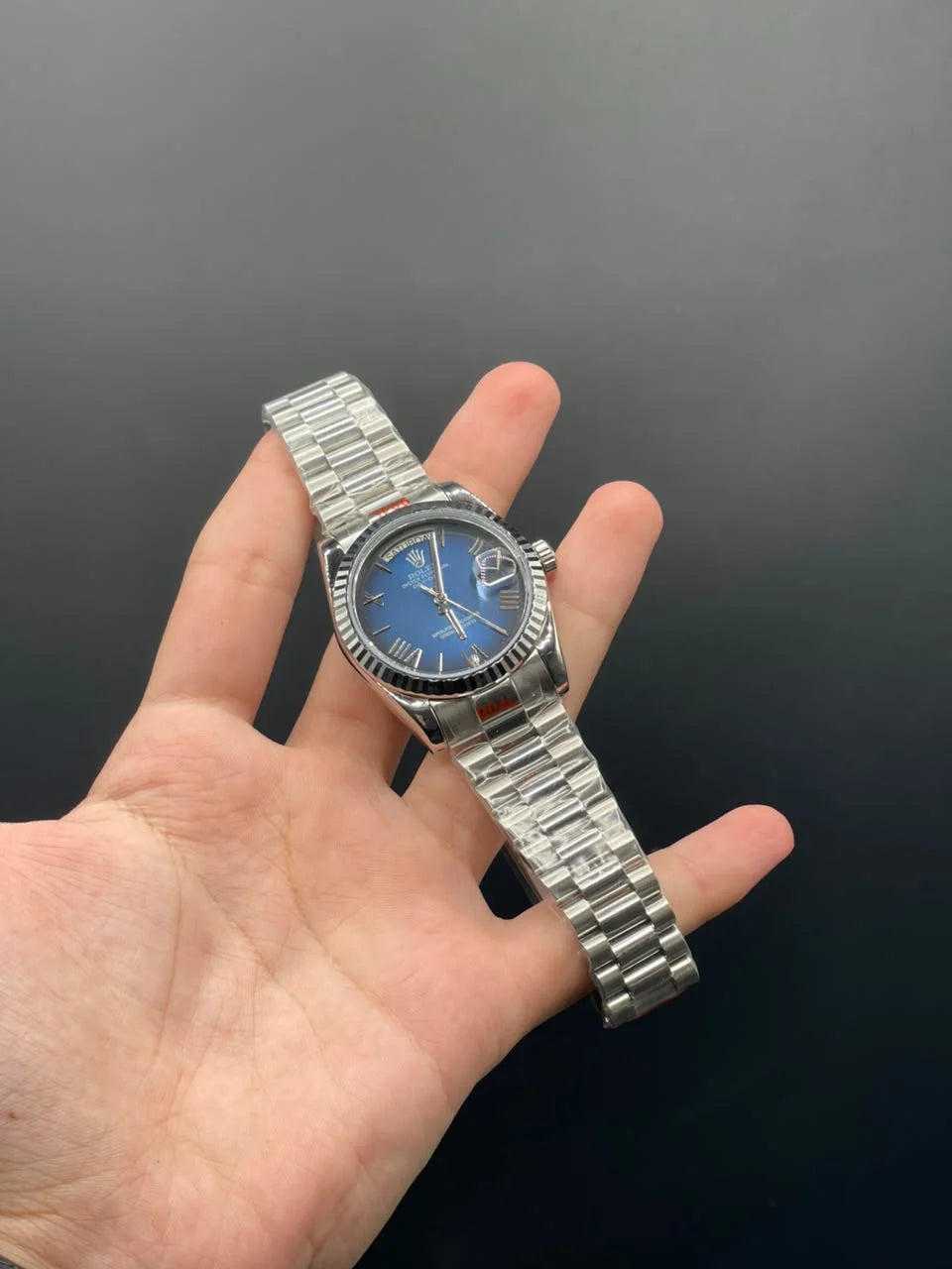 RLX Silver Presidential Chain With Blue Ombre Day-Date Dial Automatic Watch