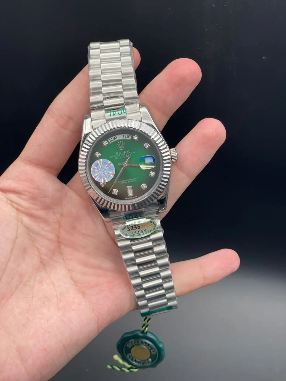 RLX Silver Presidential Chain With Green Day-Date Dial Automatic Watch
