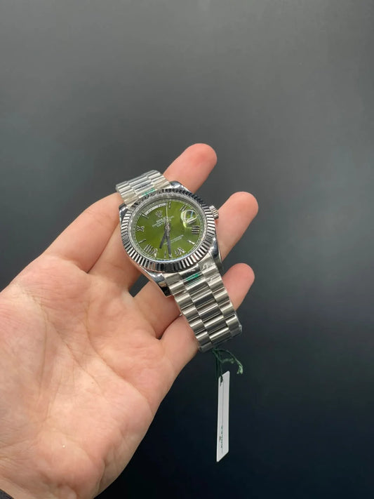 RLX Silver Presidential Chain With Olive Day-Date Dial Automatic Watch