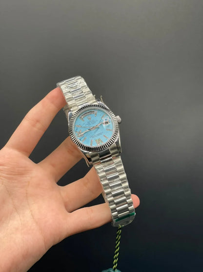 RLX Silver Presidential Chain With Tiffany Stone Day-Date Dial Automatic Watch
