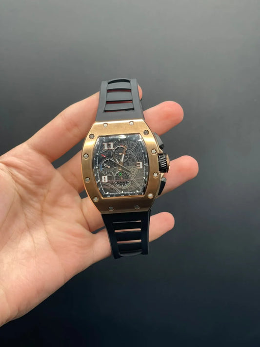 RM Black Strap With Black Chronograph Dial With Rose Gold Bezel Automatic Watch
