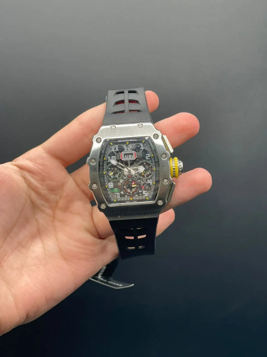 RM Black Strap With Black Chronograph Dial With Silver Bezel Automatic Watch
