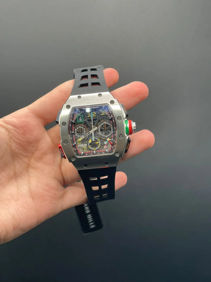 RM Black Strap With Black Chronograph Dial With Silver Bezel Quartz Watch
