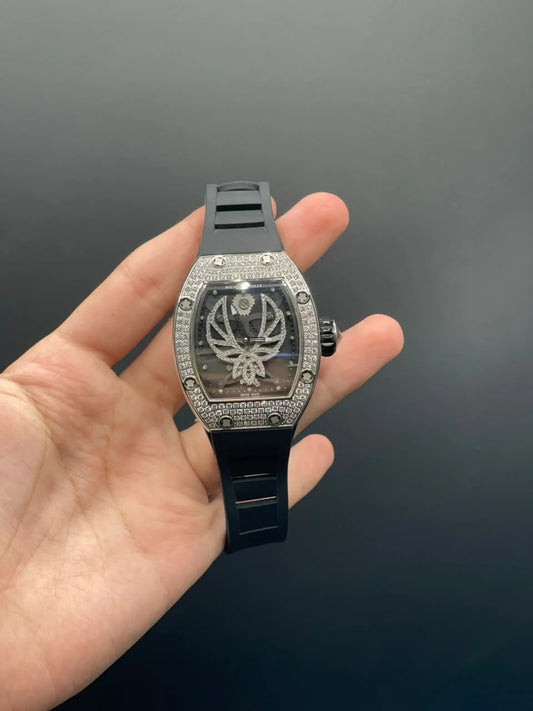 RM Black Strap With Black Diamond Dial And Bezel Automatic Watch