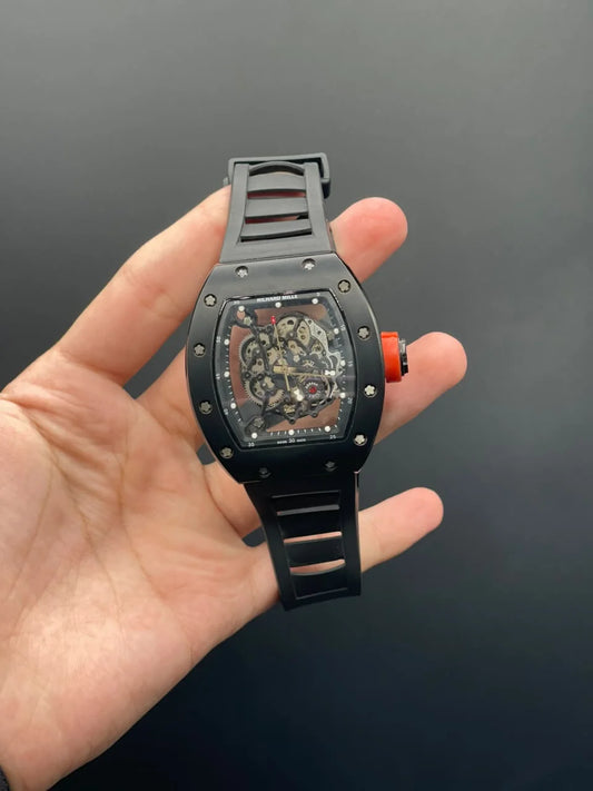 RM Black Strap With Black Skeleton Dial With Black Bezel Automatic Watch