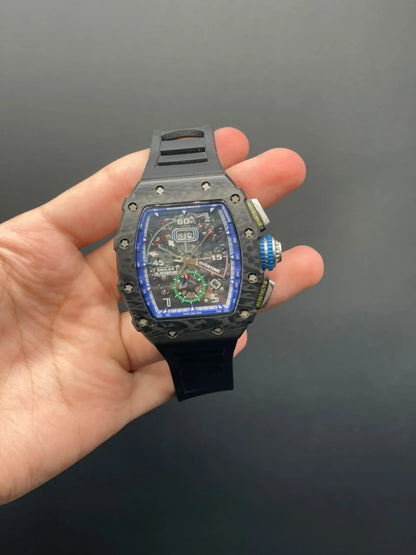 RM Black Strap With Blue And Black Chronograph Dial With Black Bezel Automatic Watch