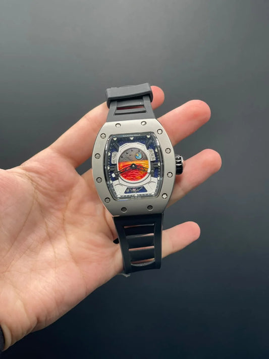 RM Black Strap With White And Red Dial With Silver Matte Bezel Automatic Watch