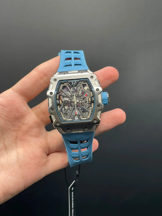 RM Blue Strap With Silver Skeleton Dial With Silver Bezel Automatic Watch