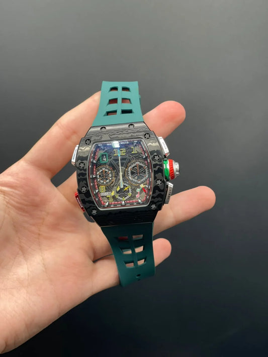 RM Green Strap With Black Chronograph Dial With Black Bezel Quartz Watch