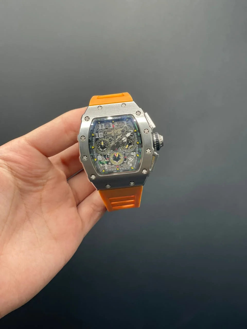 RM Orange Strap With Silver Chronograph Dial And Silver Bezel Quartz Watch