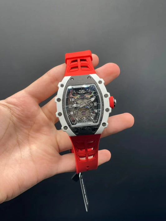 RM Red Strap With Black Tourbillion Dial With White Bezel Automatic Watch