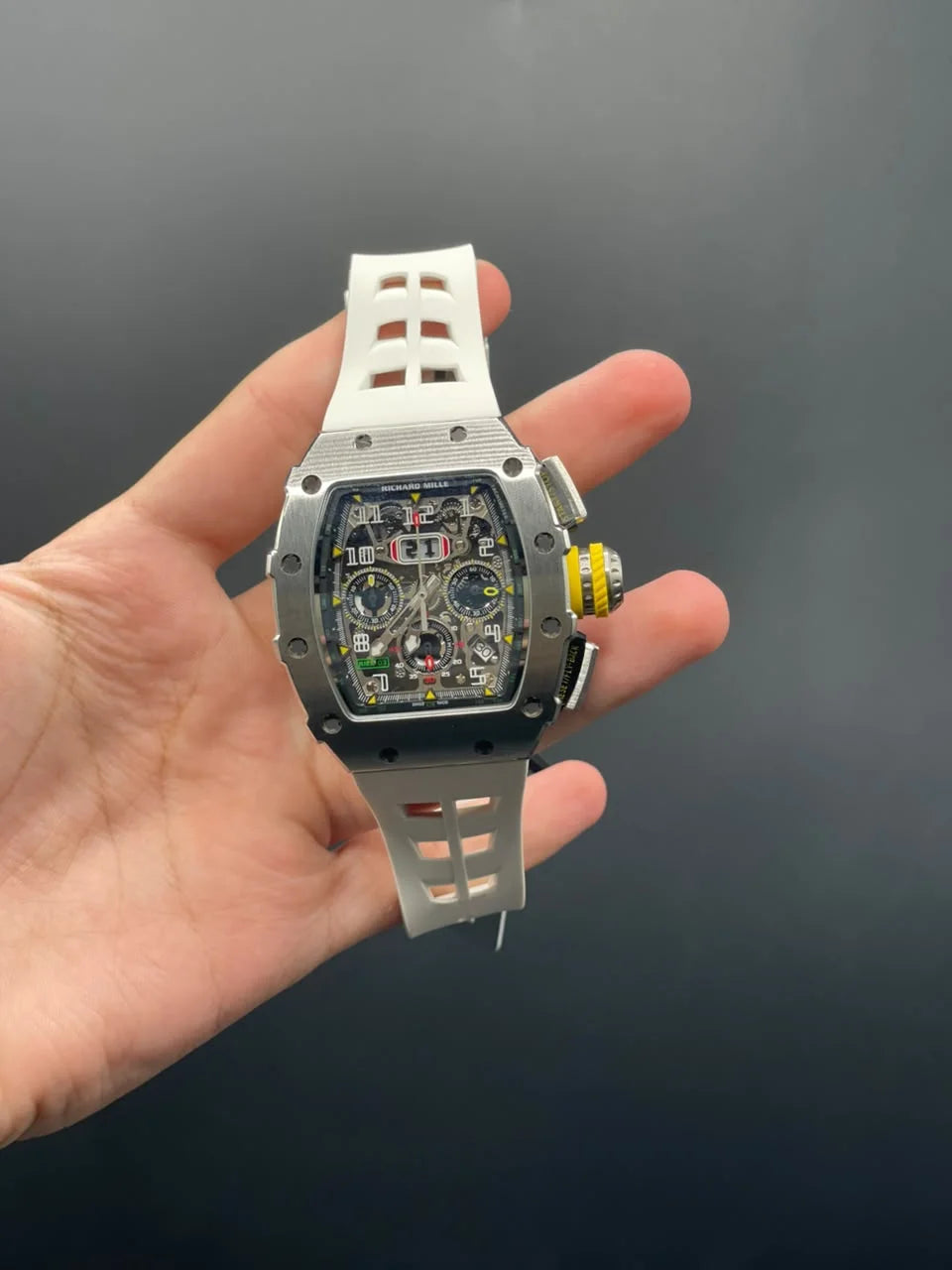 RM White Strap With Black Chronograph Dial With Silver Bezel Quartz Watch