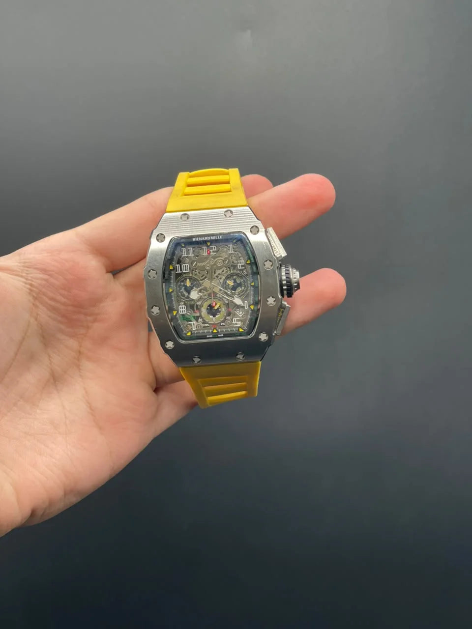 RM Yellow Strap With Silver Chronograph Dial With Silver Bezel Quartz Watch