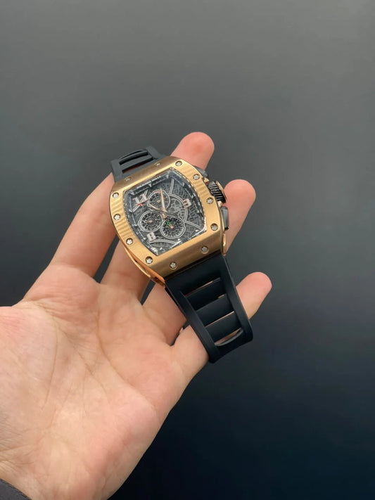 RM Black Strap With Black Chronograph Dial With Rose Gold Bezel Automatic Watch