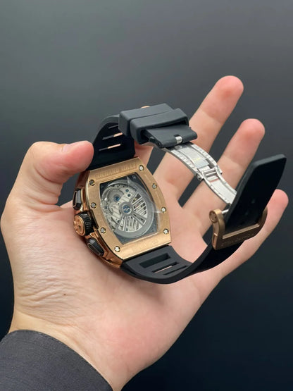 RM Black Strap With Black Chronograph Dial With Rose Gold Bezel Automatic Watch