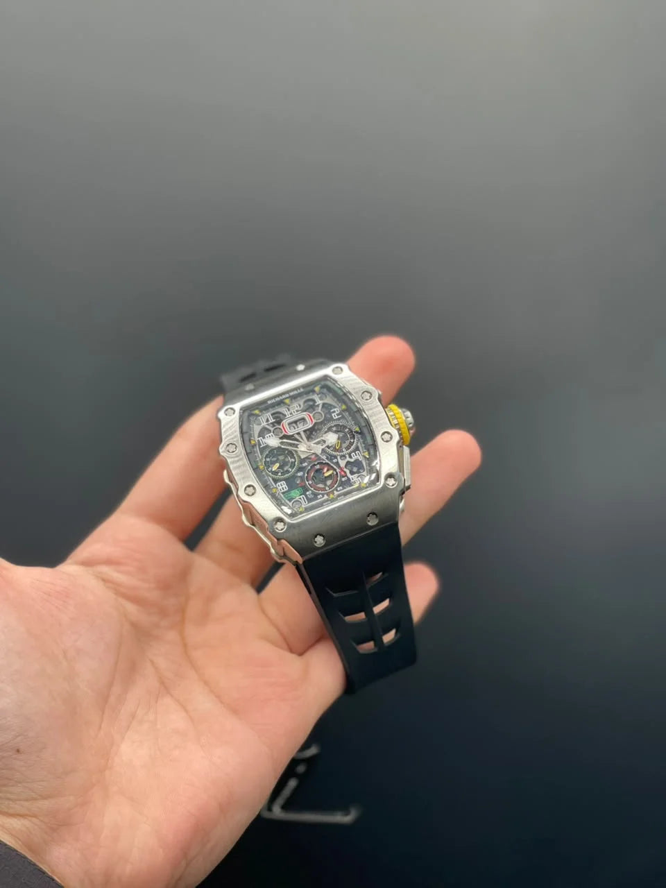RM Black Strap With Black Chronograph Dial With Silver Bezel Automatic Watch