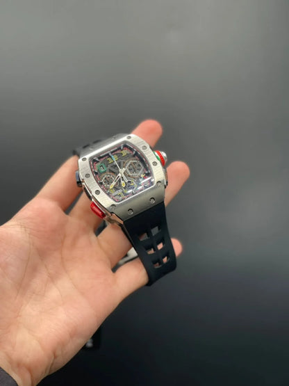 RM Black Strap With Black Chronograph Dial With Silver Bezel Quartz Watch