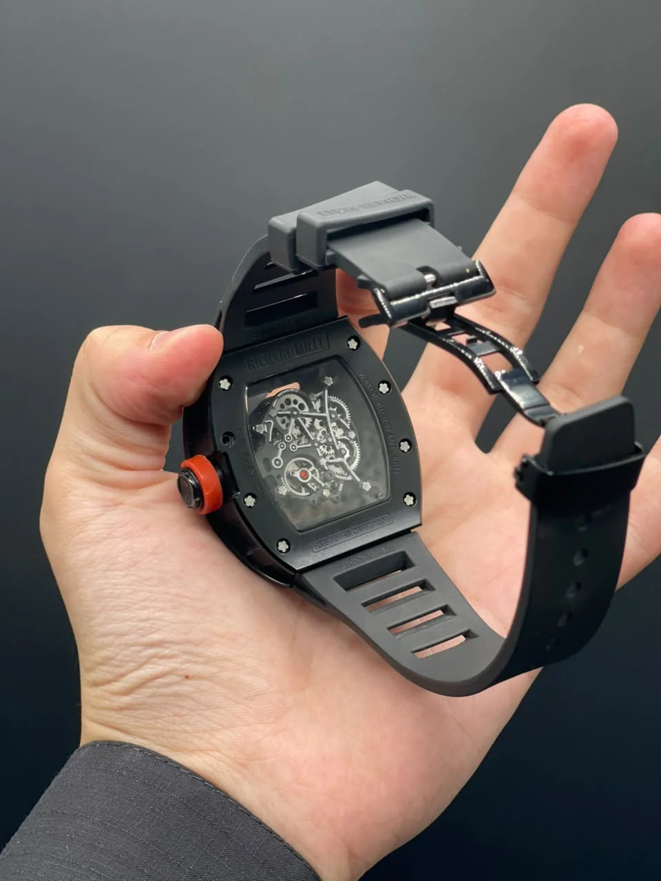 RM Black Strap With Black Skeleton Dial With Black Bezel Automatic Watch