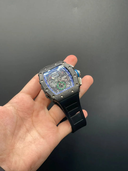 RM Black Strap With Blue And Black Chronograph Dial With Black Bezel Automatic Watch