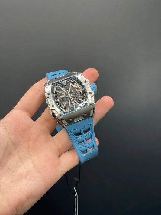 RM Blue Strap With Silver Skeleton Dial With Silver Bezel Automatic Watch