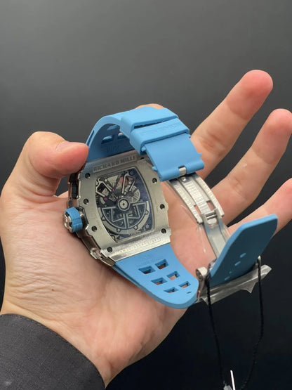RM Blue Strap With Silver Skeleton Dial With Silver Bezel Automatic Watch