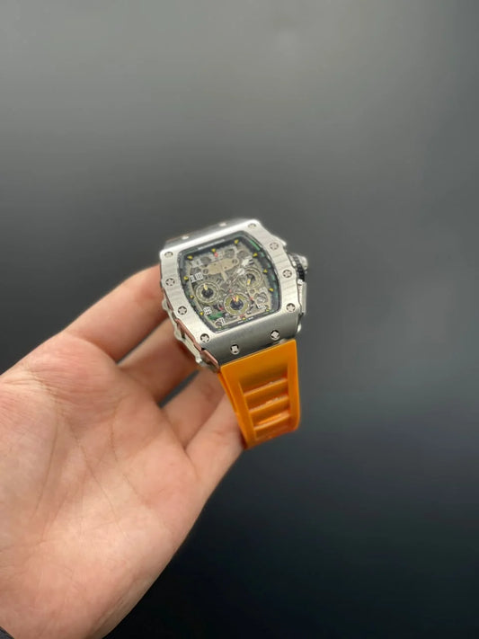 RM Orange Strap With Silver Chronograph Dial And Silver Bezel Quartz Watch
