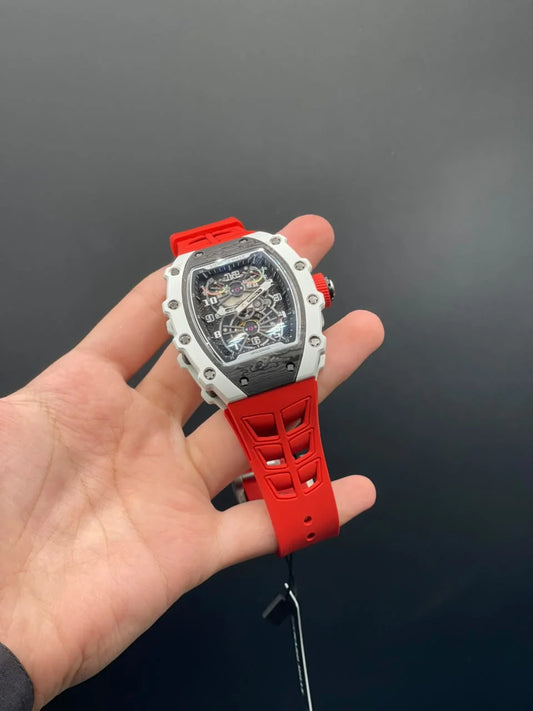 RM Red Strap With Black Tourbillion Dial With White Bezel Automatic Watch