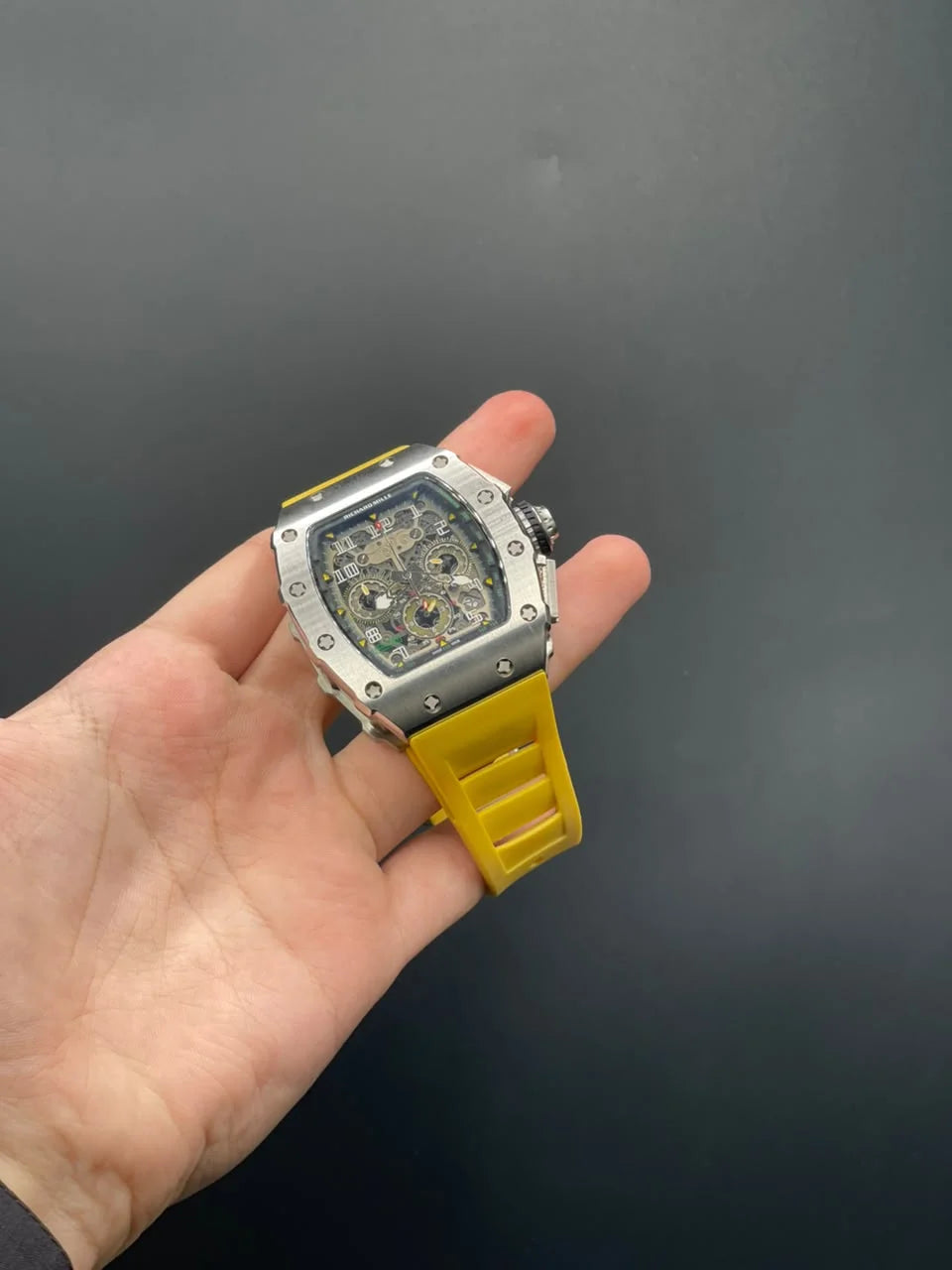 RM Yellow Strap With Silver Chronograph Dial With Silver Bezel Quartz Watch