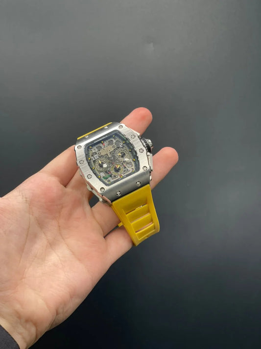 RM Yellow Strap With Silver Chronograph Dial With Silver Bezel Quartz Watch
