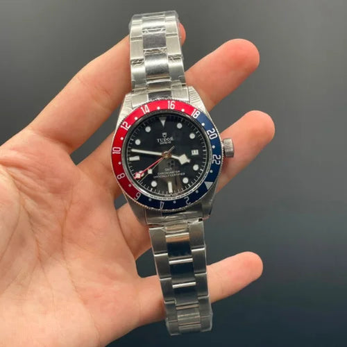 TDR Silver Chain With Black Dial, Red And Blue Rotatable Bezel, GMT Working Automatic Watch