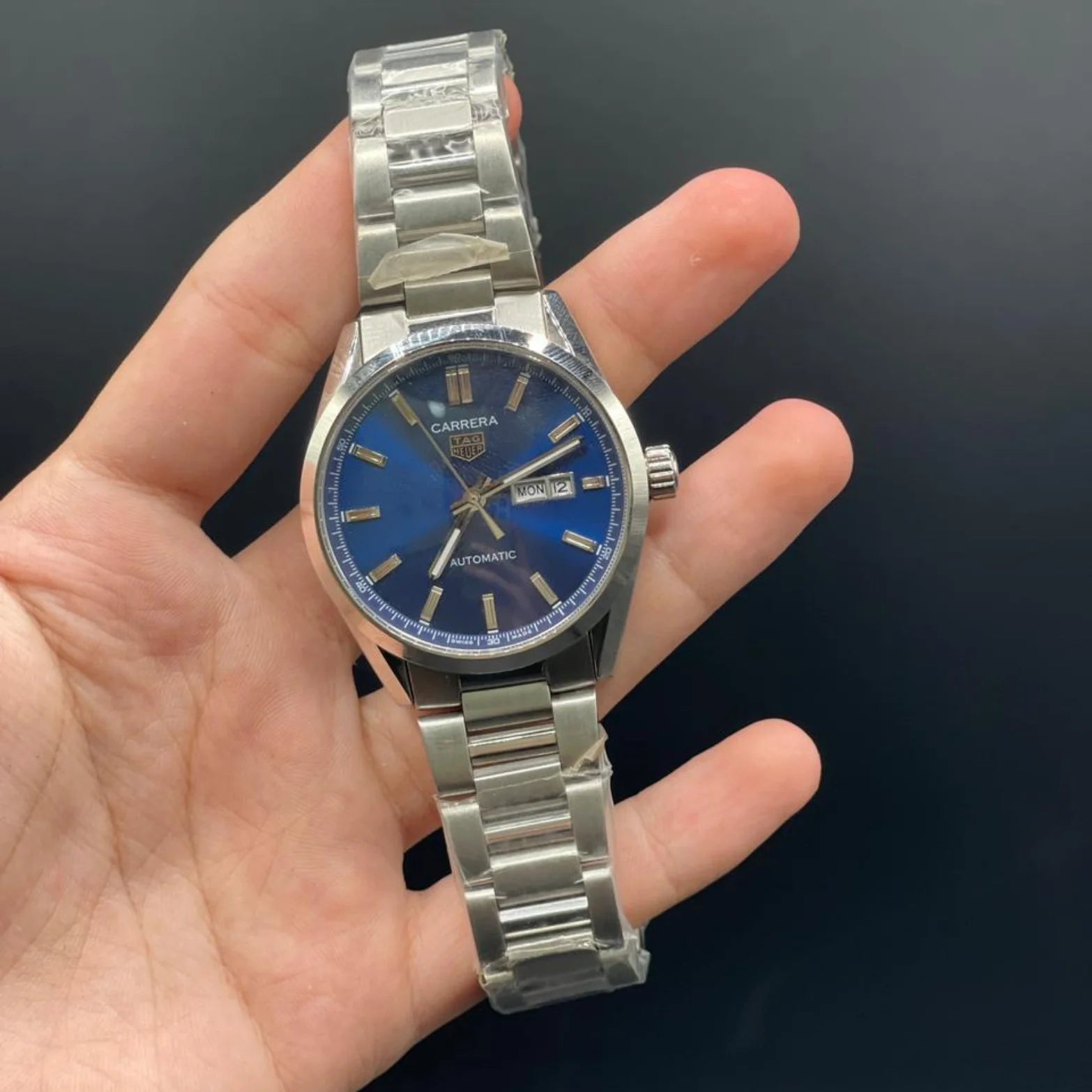 TAG Silver Chain With Blue Day-Date Dial Carrera Watch