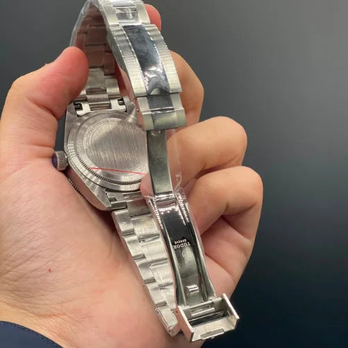 TDR Silver Chain With Black Dial, Red And Blue Rotatable Bezel, GMT Working Automatic Watch