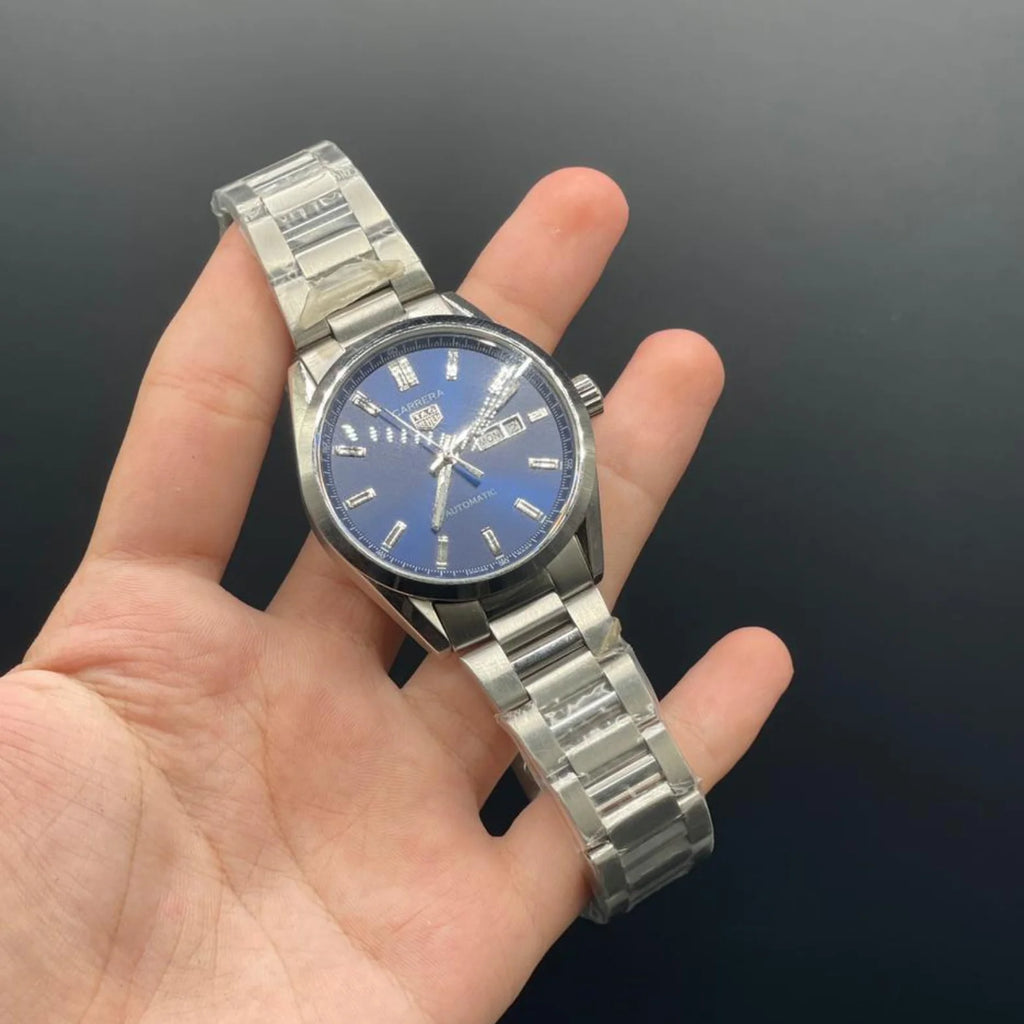 TAG Silver Chain With Blue Day-Date Dial Carrera Watch