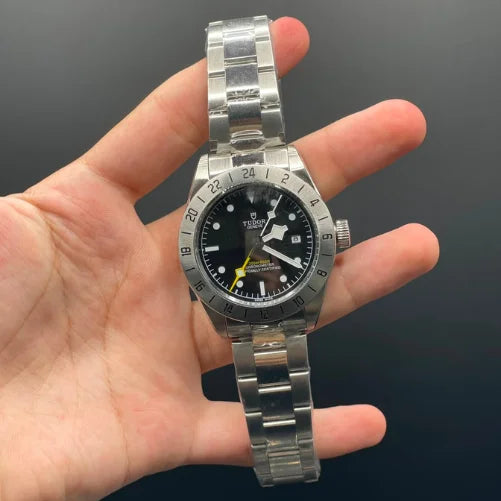 TDR Silver Chain With Black Dial, White Bezel GMT Working Automatic Watch