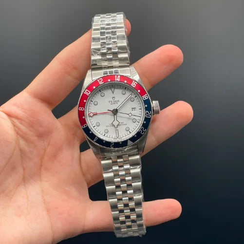 TDR Silver Chain With White Dial, Red And Blue Rotatable Bezel GMT Working Automatic Watch